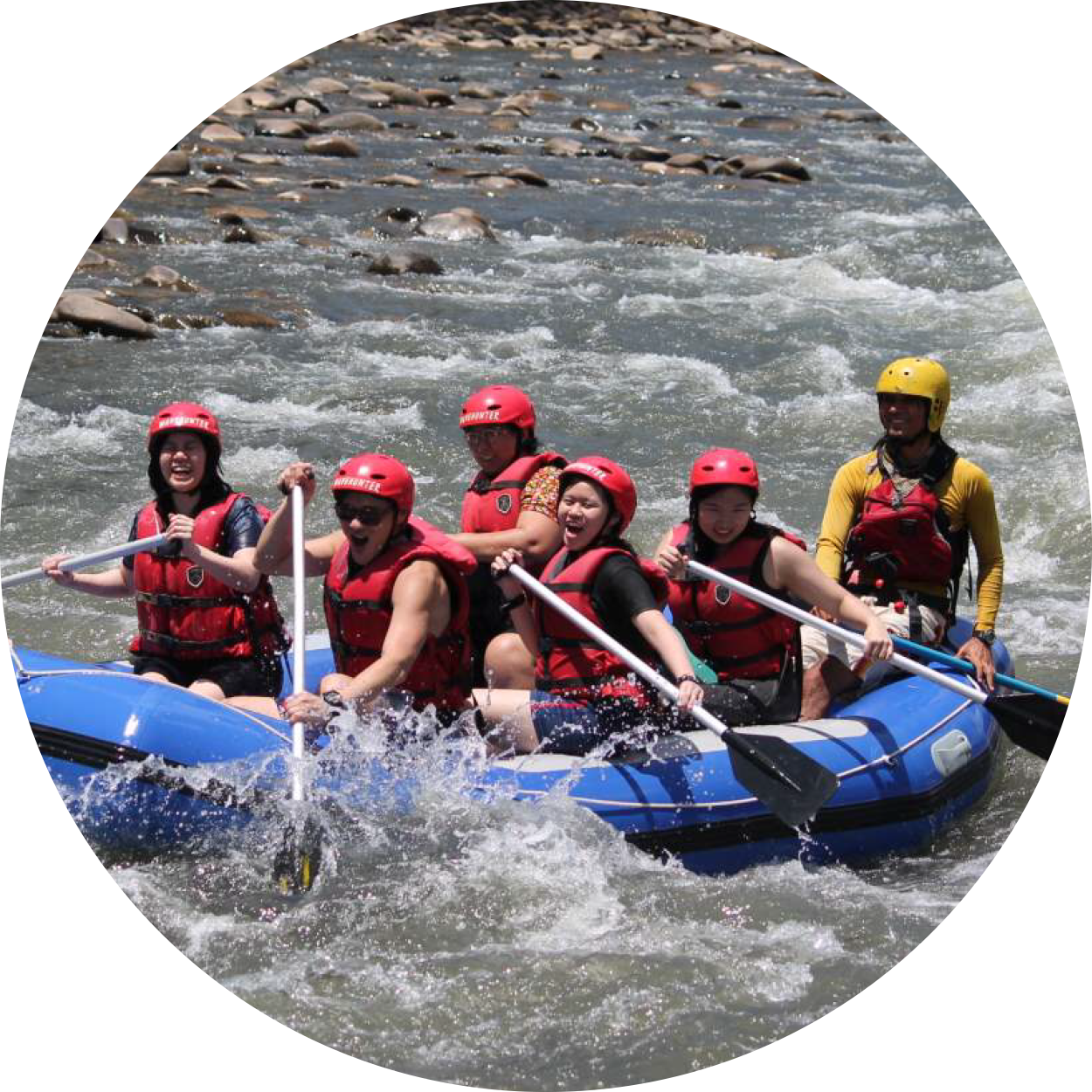 An image of white water rafting on adventure tours with MM Adventure, lead by our certified, experienced adventure guides, representing our commitment to responsible travel and sustainability, highlighting our commitment to the environment, local culture and communities and the Malaysian economy.